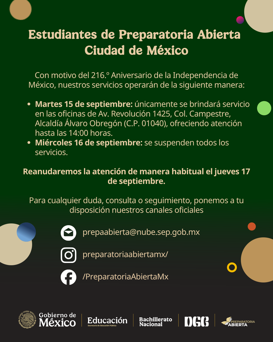 Aviso institucional de Preparatoria Abierta. Consulta la información relevante sobre trámites y convocatorias.